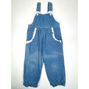 VTG Tiny Tots Kids Floral Blue Denim Overalls 3T Lace Ruffles Faded Cottage 80s‎